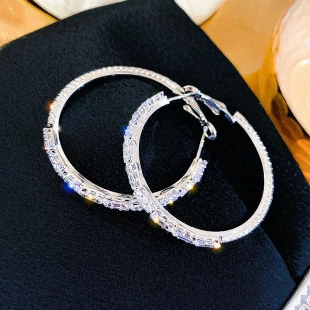 925 Sterling Silver White Sapphire Hoop Earrings - Picture 3 of 6